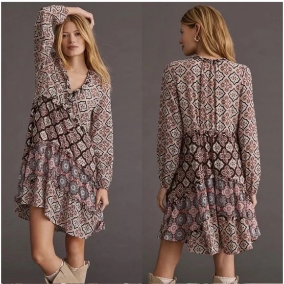 Anthropologie Dresses & Skirts - By Anthropologie Tiered V-Neck Mini Dress Medium Bohemian Long Sleeve Flowy